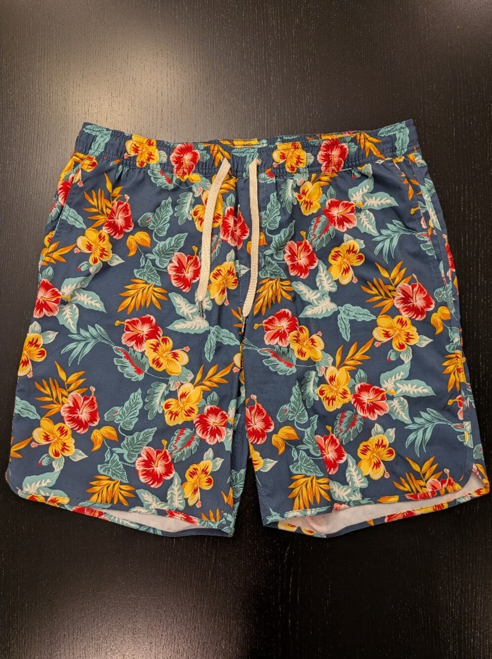 Fair Harbor Navy Swim Trunks with Yellow & Red Floral Print